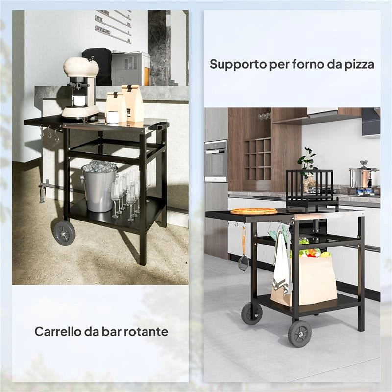 CARRELLO PER BARBECUE CON PIANO IN ACCIAIO E RIPIANO RICHIUDIBILE RUOTE E GANCI 91X58X76 CM NERO