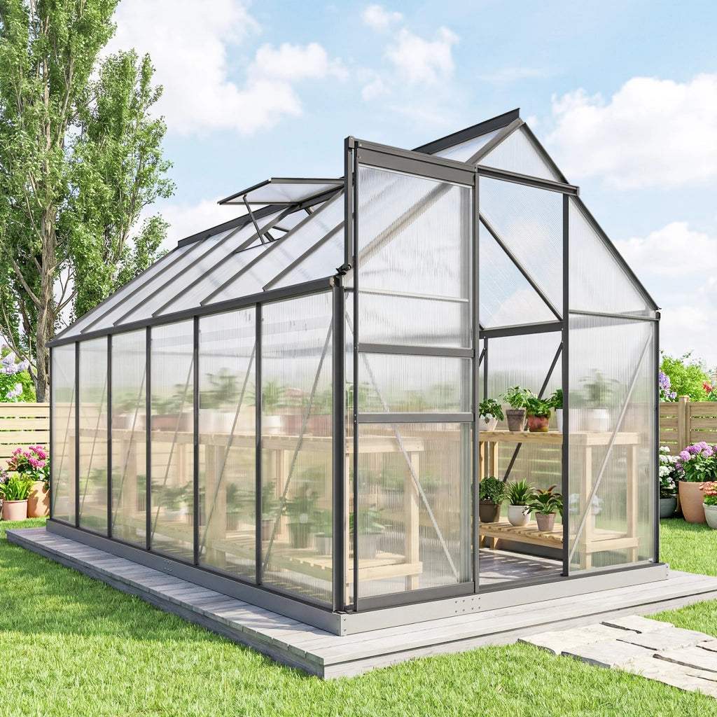 Serra da giardino in alluminio e policarbonato ¨C Xylo ¨C con finestra regolabile e porta scorrevole 190x375x199cm