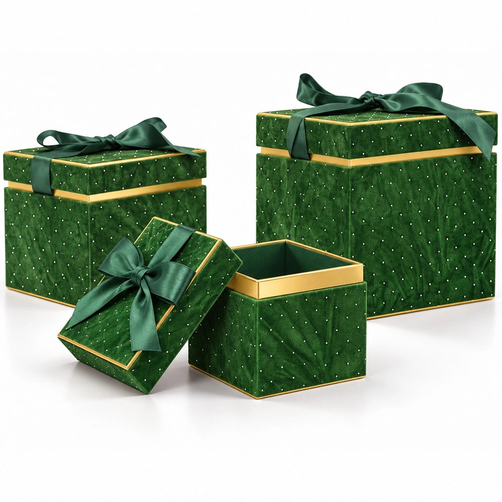 Set 3 Scatole Quadrate Decorazione Natalizia Verde 16/20/25cm Scatola con Fiocco