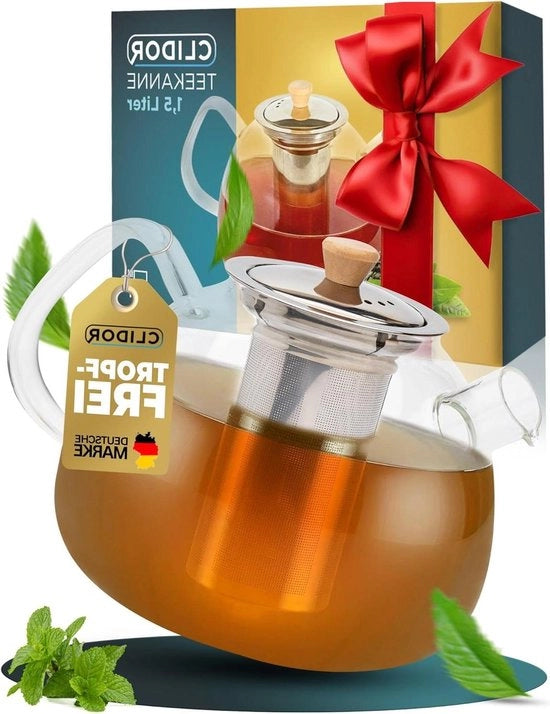 Teapot da 15 litri con filtro - vetro resistente - setaccio in acciaio inossidabile a maglia fine - teapot per erbe - teapot in vetro robusto