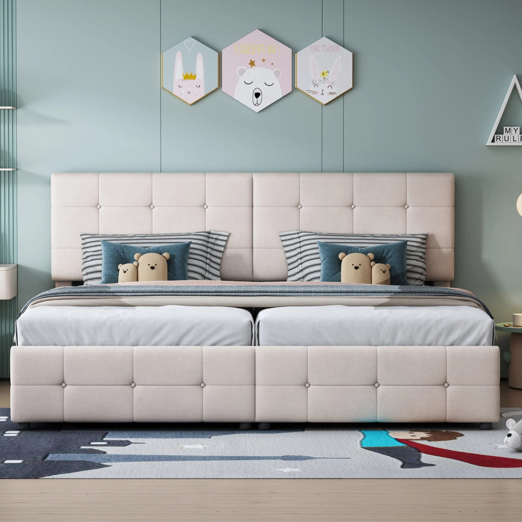 Letto imbottito matrimoniale 180×200 cm con contenitore idraulico; testiera regolabile; senza materasso; beige