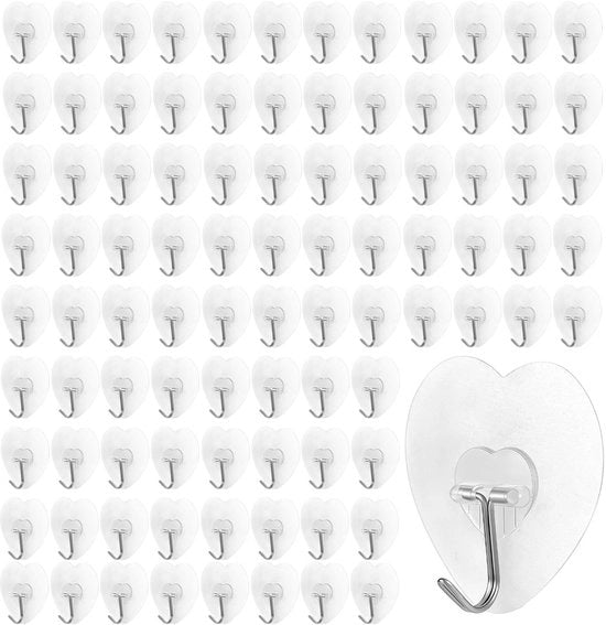 Wandhaken a secco 100 pezzi - Haken autoadesivi - Forma cuore - Impermeabili - Sostengono fino a 10 kg - Materiale di alta qualità acciaio/PVC - Ganci