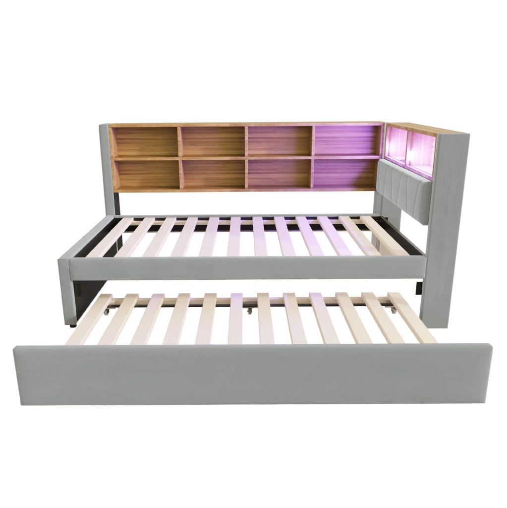 Divano letto 90x200 cm con letto estraibile 90x190; LED; USB e Type-C; vani contenitore; grigio chiaro