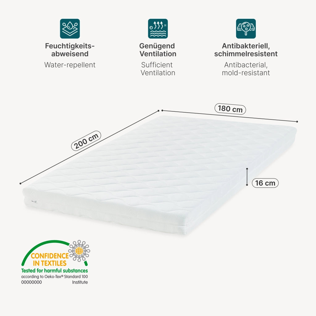 Materasso a Schiuma Fredda 180x200x16 cm con Coprimaterasso Rimovibile [neu.haus]