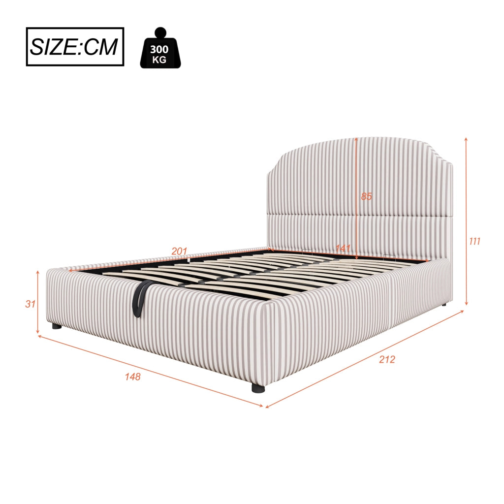 DESMIU Lit contenitore 140 × 200 cm 2 posti con vano idraulico e testiera, senza materasso, in tessuto rigato bianco e antracite