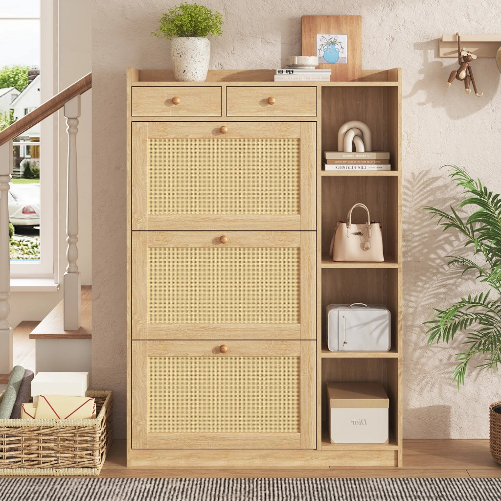 Scarpiera sottile con 3 ante ribaltabili 2 cassetti e ripiani aperti laterali per ingresso naturale 90 × 24 × 130 cm