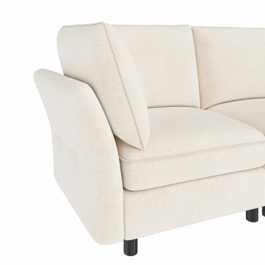 Divano ad angolo modulare 4 posti con pouf contenitore e 2 cuscini, in Chenille, Beige