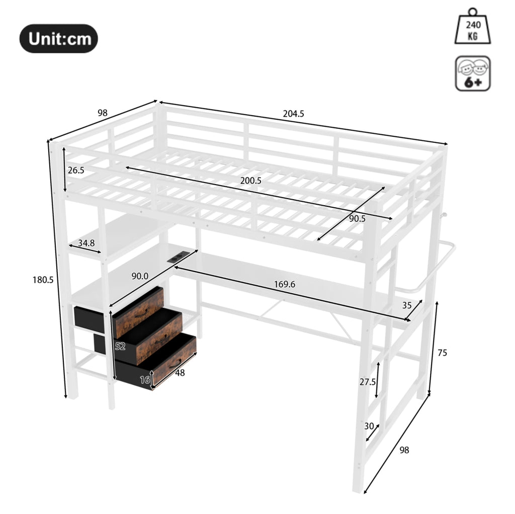 Letto a soppalco 90x200 cm con scrivania, LED, 3 cassetti e USB
