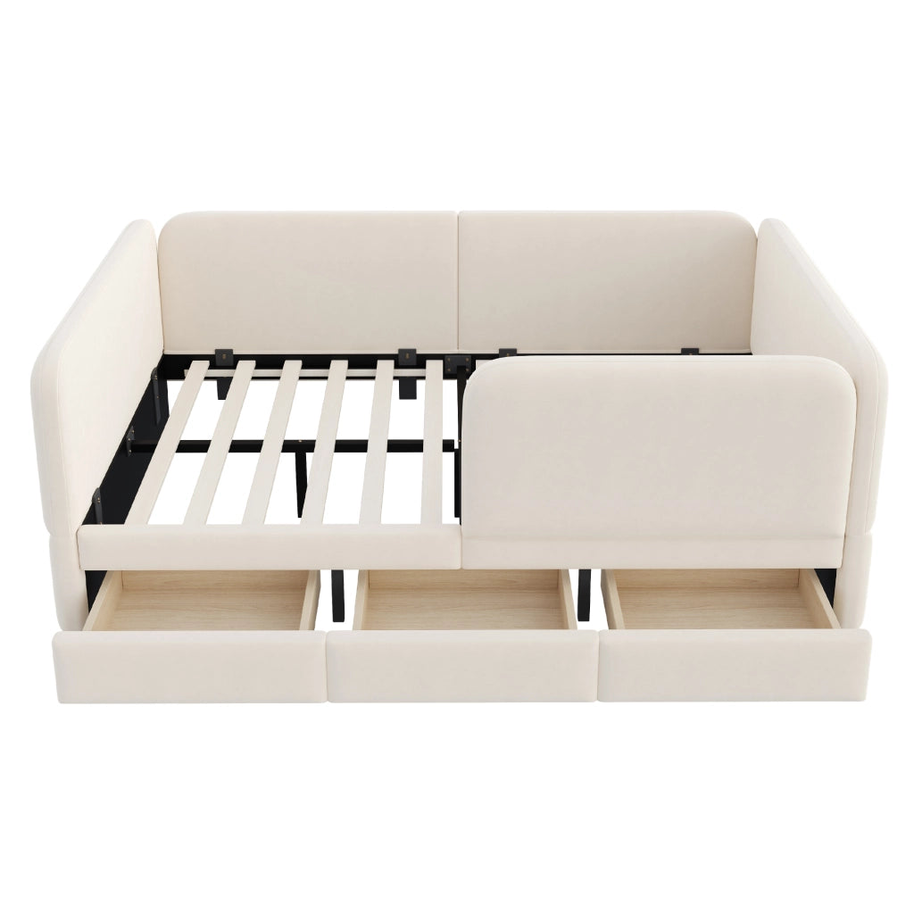 Letto imbottito per bambini 140x200 cm con bordo di sicurezza; angoli arrotondati e cassetto; velluto beige
