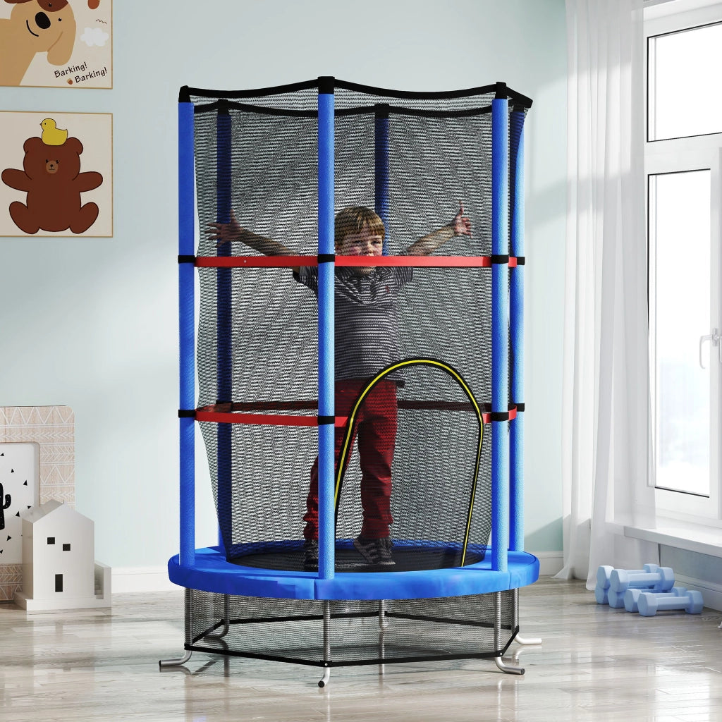 Tappeto Elastico per Bambini 3-6 Anni con Rete di Protezione, 6 Colonne e 3 Ingressi, ?140x190 cm, Blu e Nero