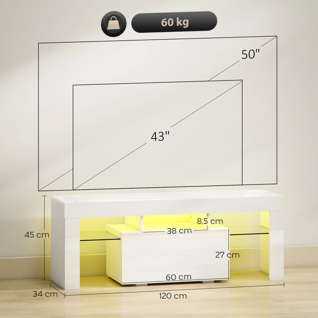 Mobile TV con LED RGB e ripiani in vetro temperato ¨C Xylo ¨C bianco lucido 120x34x45cm