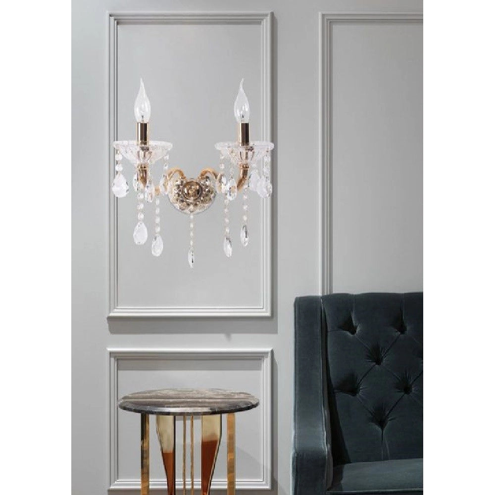 Trade Shop - Applique Candelabro Gocce Pendenti Cristallo Acrilico 2 Bracci Attacco E14 E35 - Oro