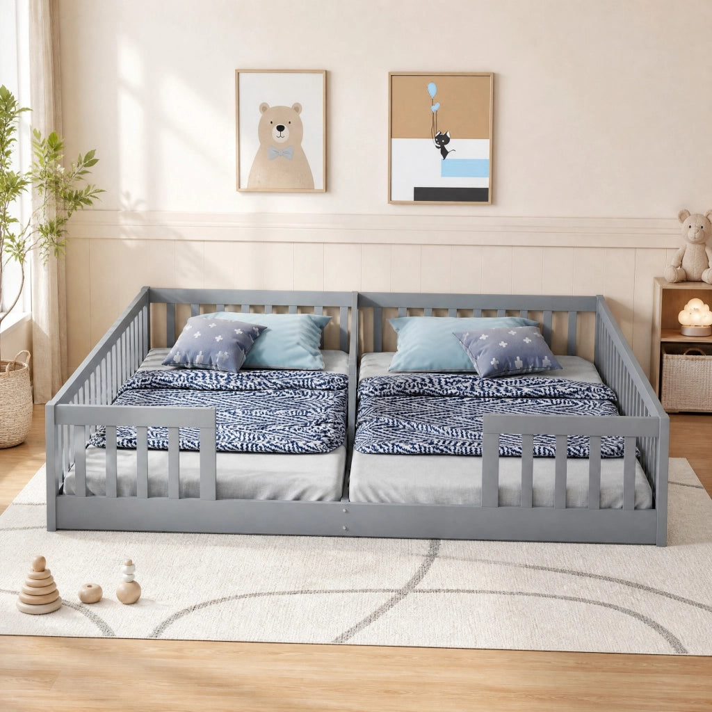 Letto per bambini 90x200 cm in pino e MDF, con sponde di sicurezza e rete a doghe, grigio