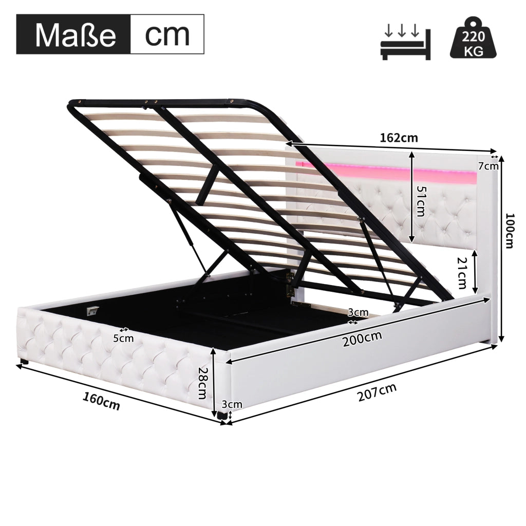 LETTO imbottito 160x200 cm bianco in PU con LED e cassettone