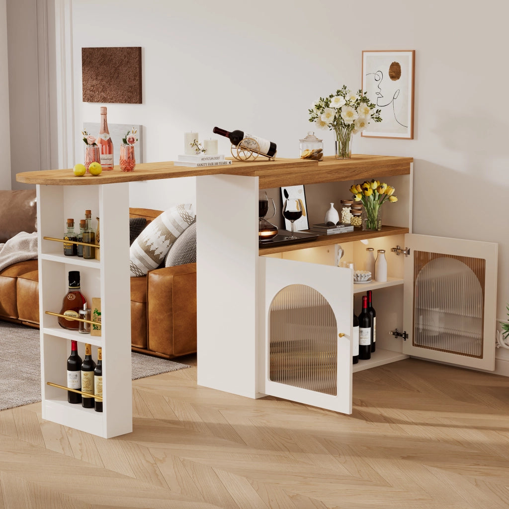 Bar tavolo allungabile girevole con LED e vano contenitore, bianco, 138-193 x 39 x 105 cm