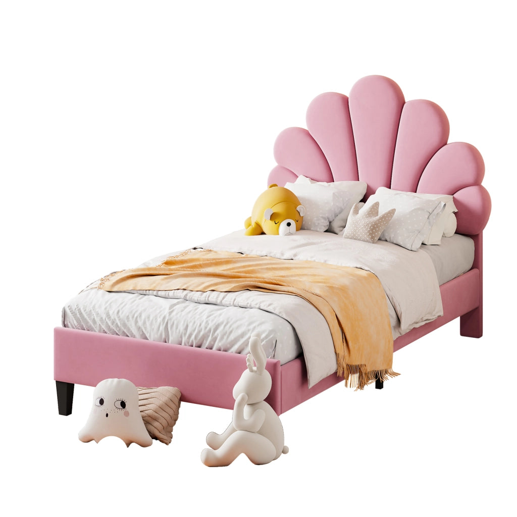 Upholstered Kids Bed;90x200 cm;flower-shaped headboard;velvet;pink