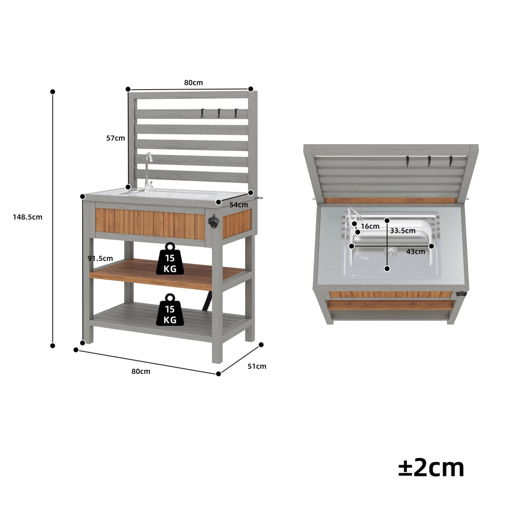 Mobile da esterno multifunzione con lavabo e rubinetto integrati; 80 x 51 x 148;5 cm in legno naturale