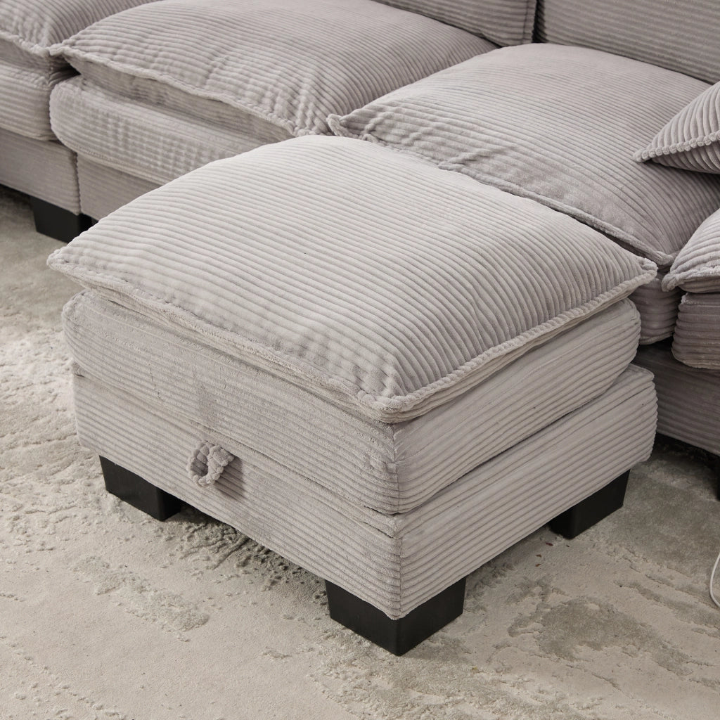 Divano 2 posti in corduroy con pouf, USB-C, tasche laterali, grigio chiaro