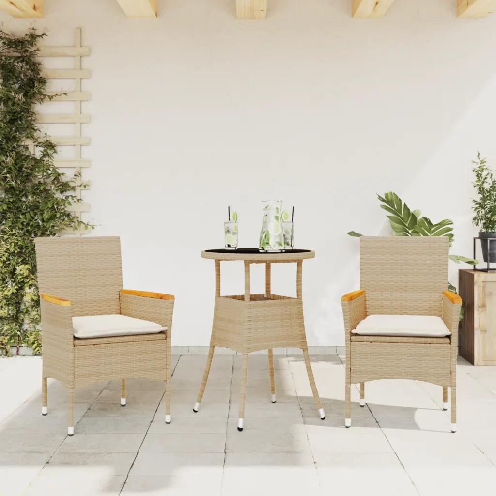 Set da Pranzo da Giardino 3 pz | Set Salotto da Giardino con Cuscini Polyrattan e Vetro