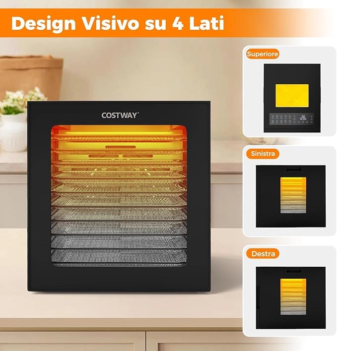 Essiccatore Alimentare 850W Con 10 Vassoi Inox, 10 Programmi, Temperatura da 30 a 75℃, Funzione Timer 48h, Disidratatore per Frutta, Carne, Verdure, Erbe