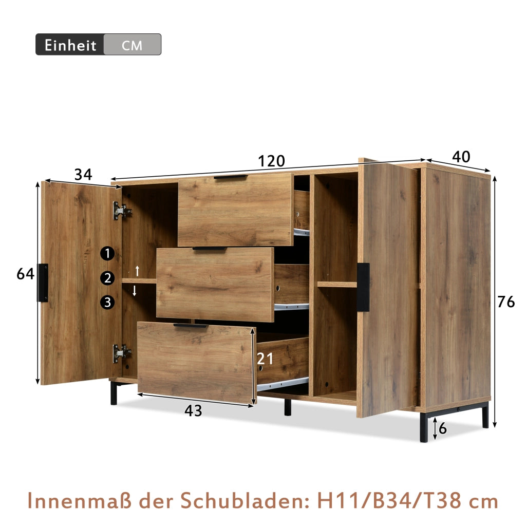 OKWISH Credenza 2 Ante e 3 Cassetti, Ripiano Regolabile, per Camera da Letto e Soggiorno, Legno e Metallo, 120 x 40 x 76 cm