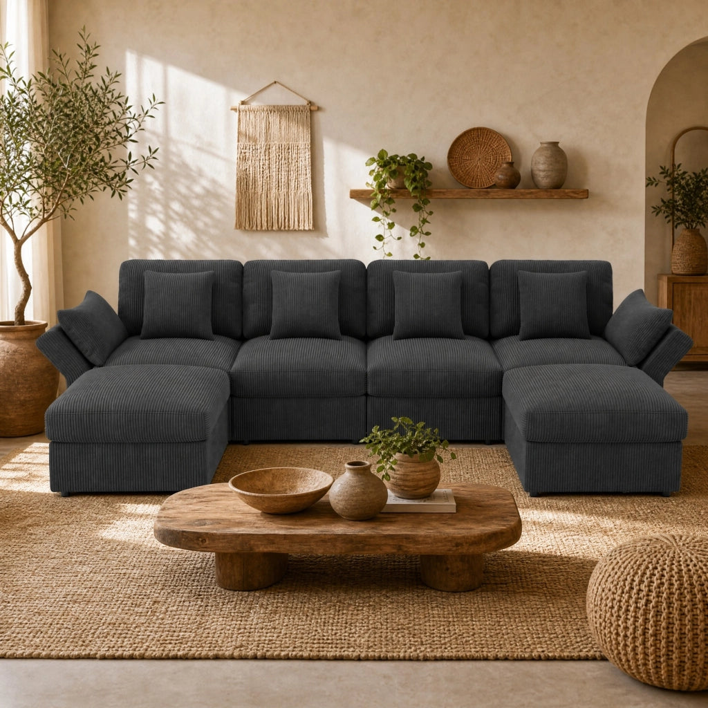 Divano modulare angolare a U 290 x 159;5 x 89 cm in tessuto corduroy grigio