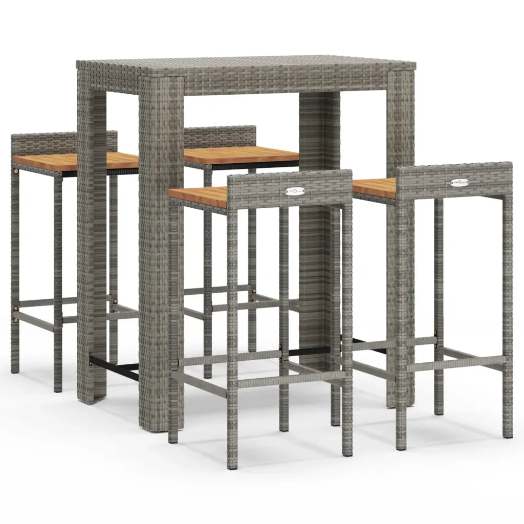 Set Bar Giardino 5pz | Set Salotto da Giardino Grigio Polyrattan e Legno Massello Acacia