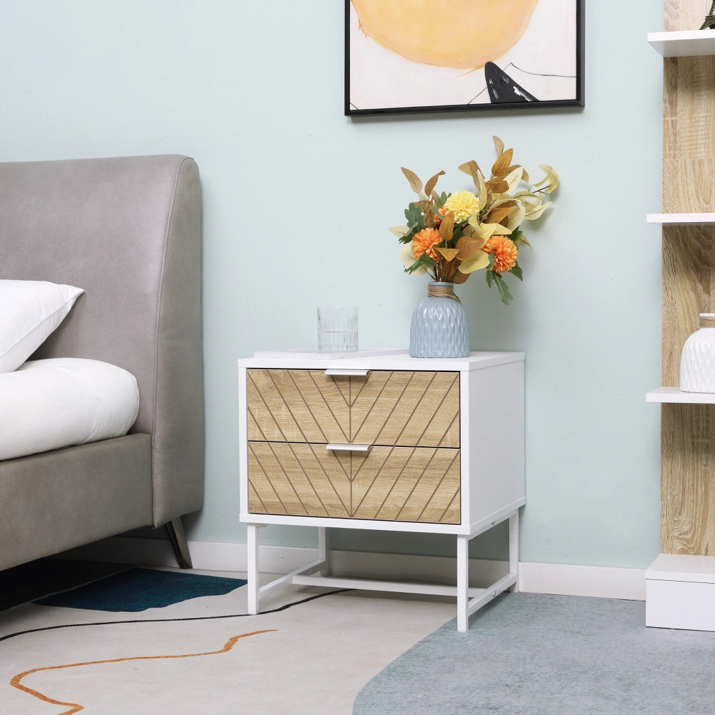 Comodino con 2 cassetti ¨C Xylo ¨C Bianco e rovere, gambe in acciaio, 45x39x48 cm