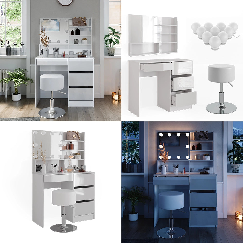 Vicco Tavolo da toeletta Bianco 90 cm con illuminazione a LED, sgabello e ripiano a specchio