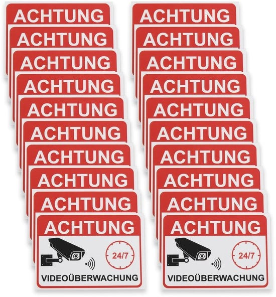Etichetta di avviso 20 pezzi - Videovigilanza - PVC - 7,4 x 5,2 cm - Impronta d'acqua - Duraturo - Design rosso/nero - Etichetta di sicurezza