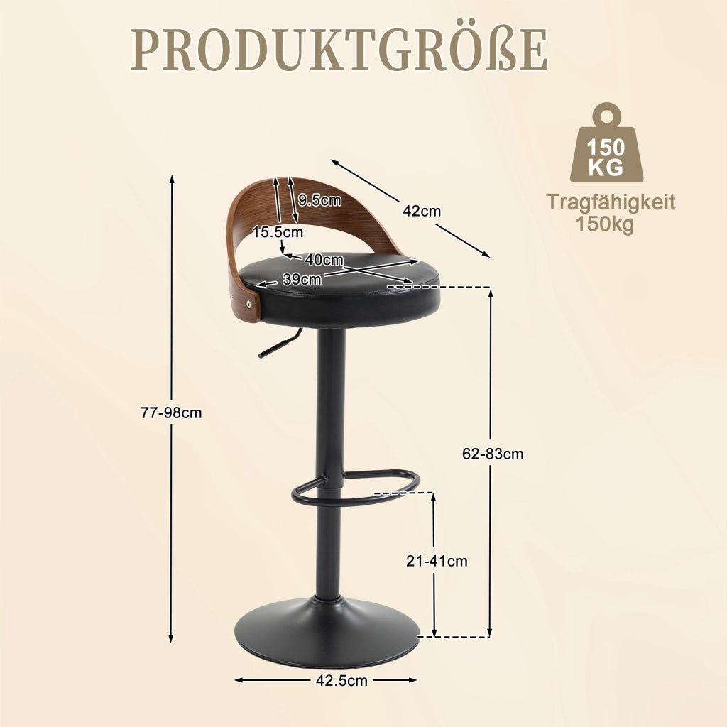 Set di 2 sgabelli da bar girevoli 360° con schienale, altezza regolabile, seduta in PU nero, struttura in metallo