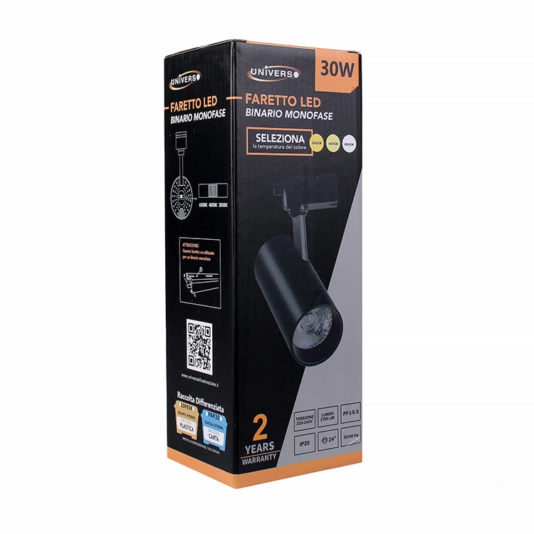 FARETTO LED ORIENTABILE SU BINARIO MONOFASE IN ALLUMINIO NERO 30W - TRIPLA TEMPERATURA DI COLORE 3000K-4000K-65000K