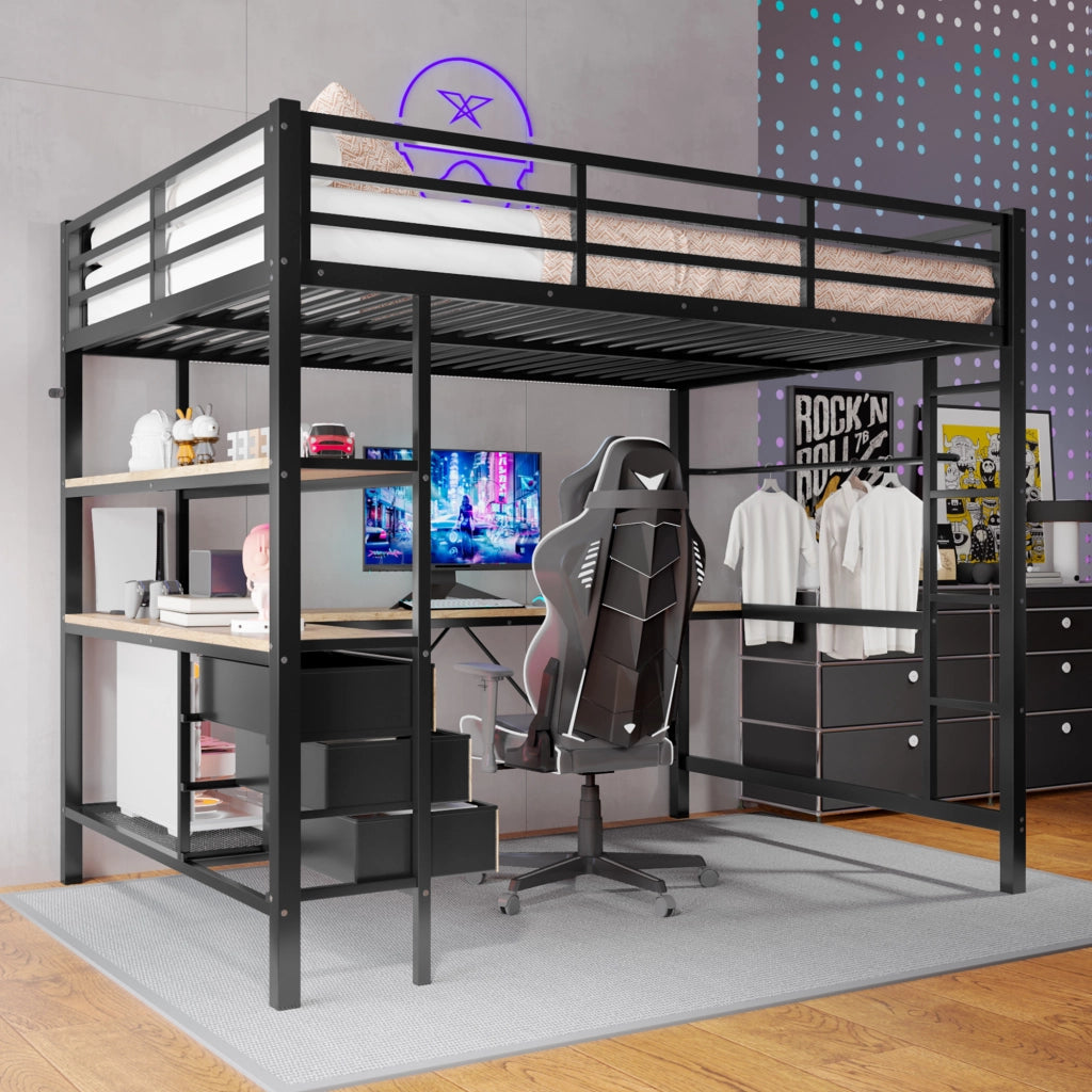 LETTO a soppalco 140x200 cm nero con scrivania, cassetti e ripiani