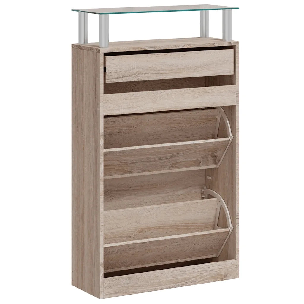 Scarpiera con 1 Cassetto e Mensola-Scaffale per scarpe Vetro Sopra in Legno Rovere