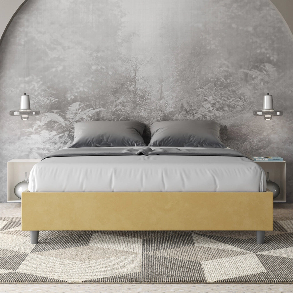 BS COM Letto matrimoniale con rete imbottito 160x190 microfibra ocra