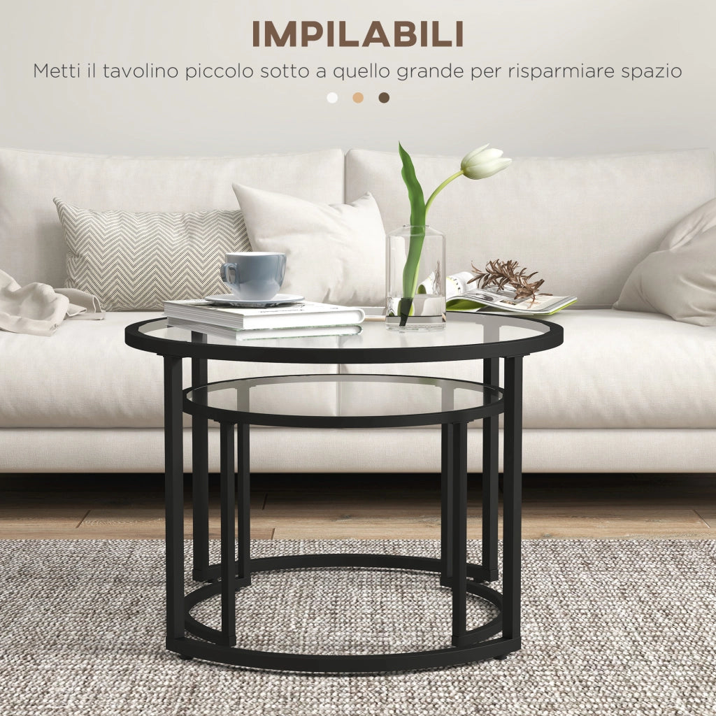 Tavolino da caff¨¨ sovrapponibile in vetro e acciaio ¨C Minimal ¨C Nero, ?70x47.5 cm e ?54x42.5 cm