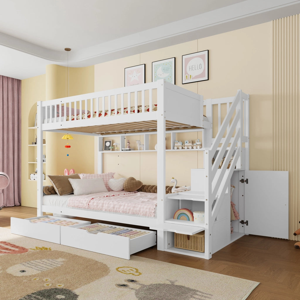 LETTO a castello 90x200 cm Bianco con armadio, cassetti e scaffali