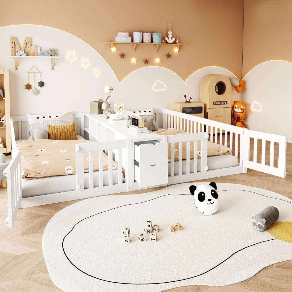 Letto per bambini doppio 90x200 cm in legno con scaffale centrale e 2 cassetti; bianco