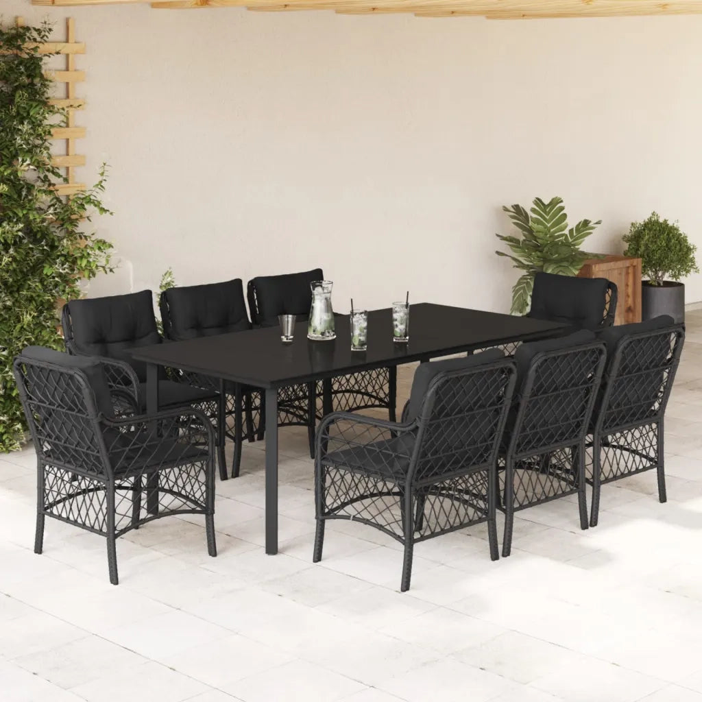 Set da Pranzo da Giardino 9 pz con Cuscini Nero in Polyrattan