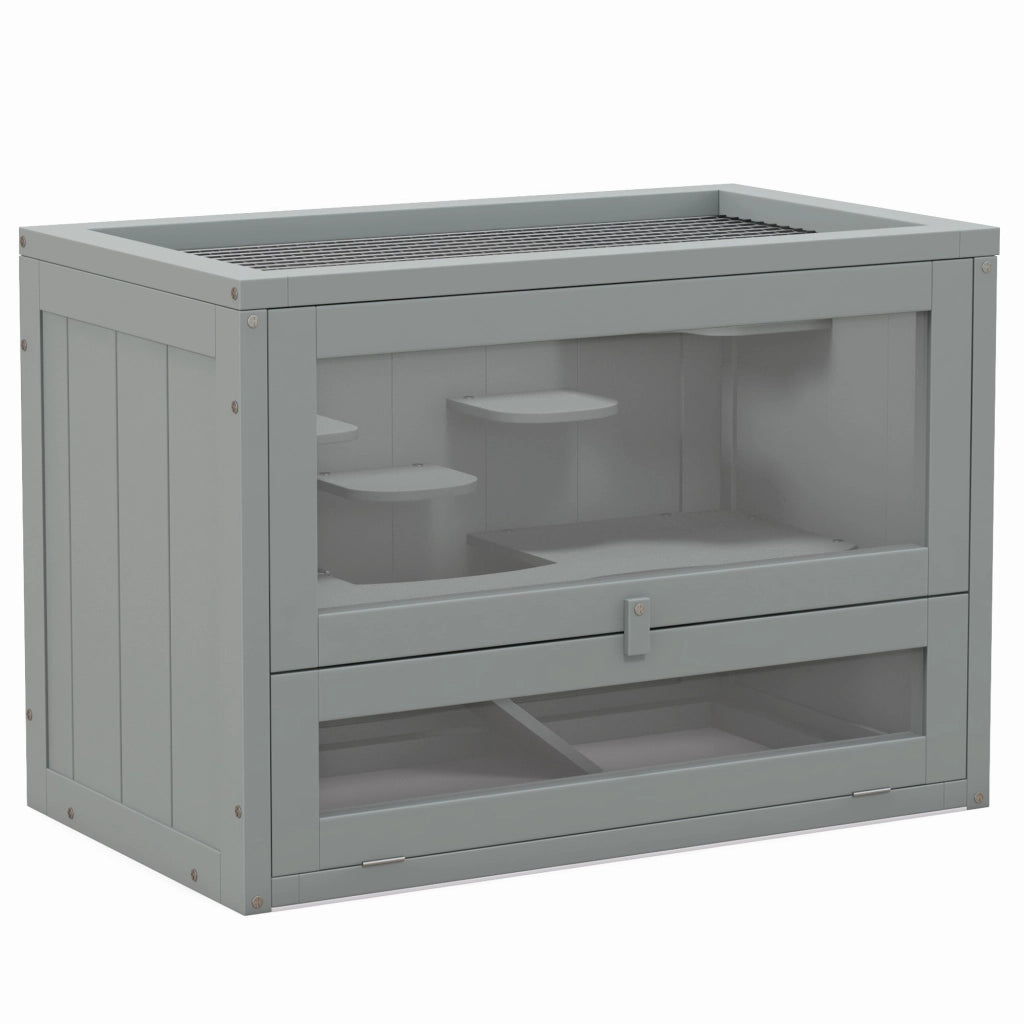 Casetta per Criceti 2 Livelli in Legno con Scale e Piattaforme ¨C Minimal ¨C 60x35x42 cm Grigio