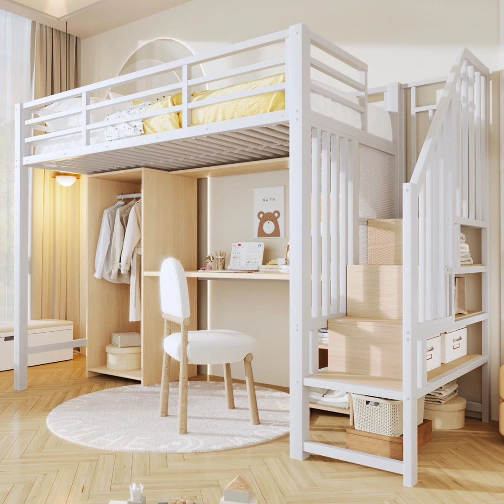 Letto a soppalco con armadio e scrivania - Zephmum- 90x200 cm, struttura in ferro, spazio di archiviazione, bianco