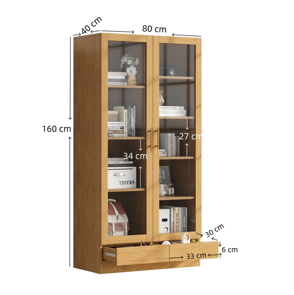 Vetrina 80x40x160 cm con ripiani sfalsati e cassetto push-to-open; naturale