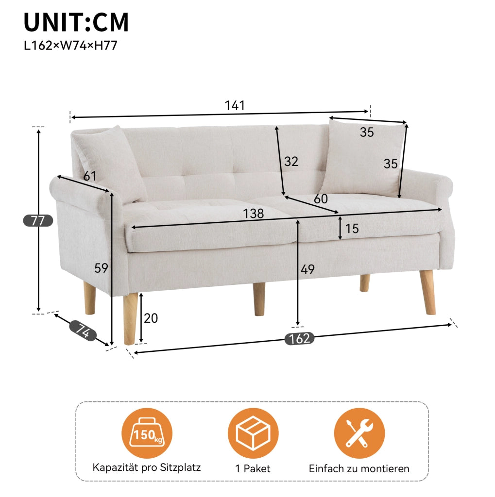 Divano 2 posti in chenille beige con cuscini; 162x74x77 cm