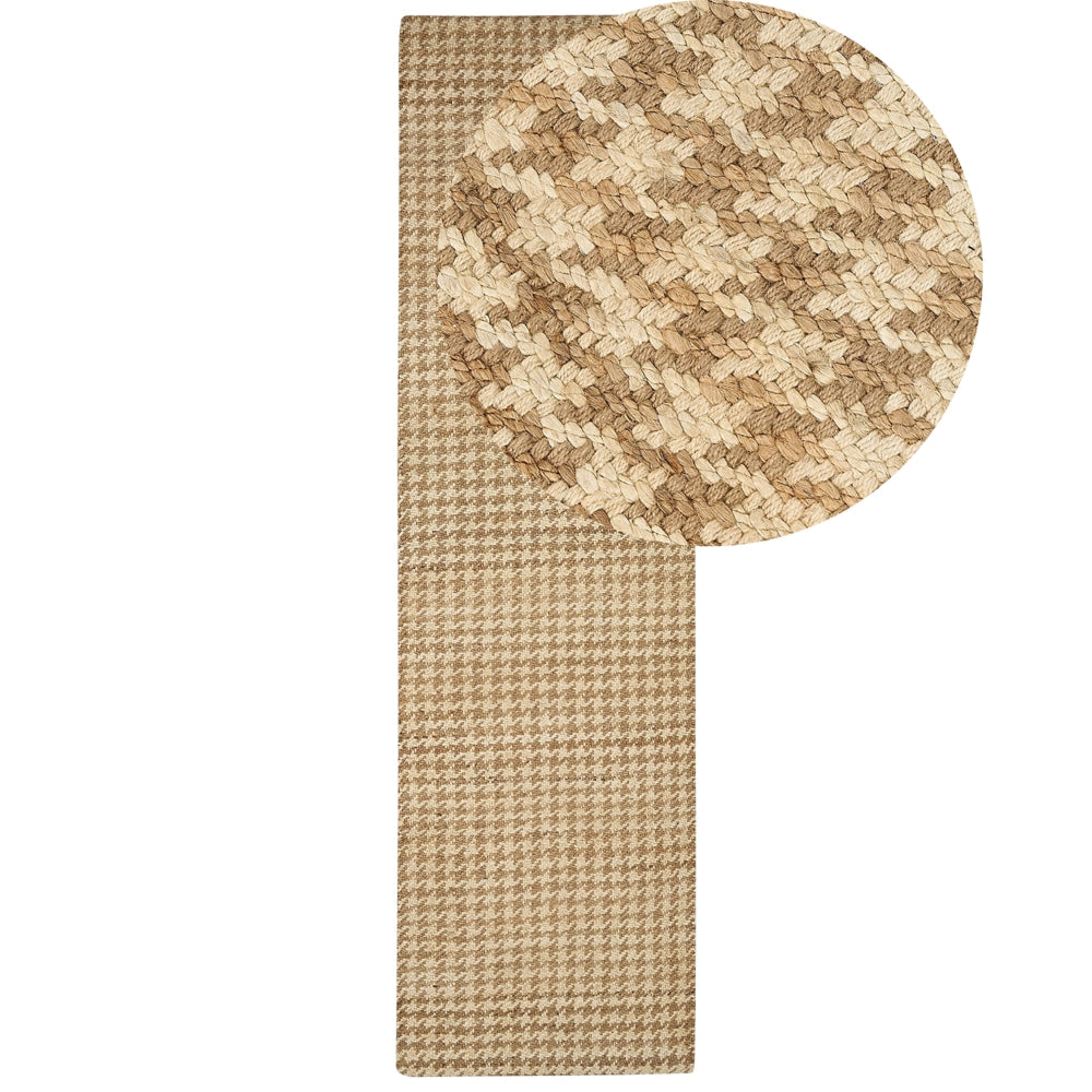 Tappeto da corridoio in iuta beige intrecciato a mano con motivo seghettato 80 x 300 cm stile boho rustico