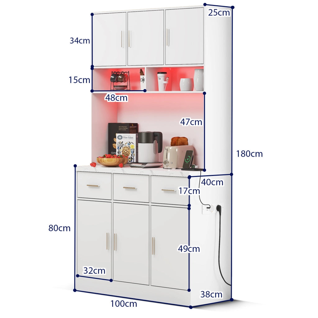 Credenza multifunzione con LED e prese USB 100 x 40 x 180 cm; bianco