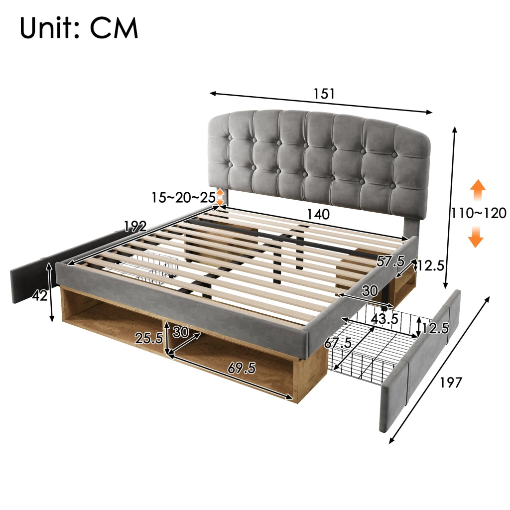 DESMIU Letto imbottito 140 × 190 cm 2 posti con testiera regolabile, vani e cassetti, senza materasso, in velluto grigio