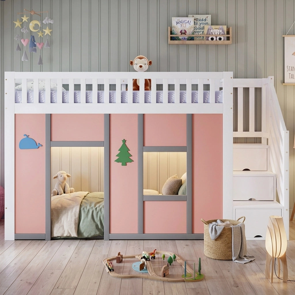 Letto a soppalco per bambini 90x200 cm bianco e rosa con scala contenitore e LED