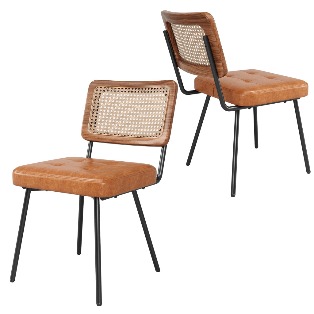 Sedia da pranzo ergonomica con schienale in rattan PE e piedini regolabili in similpelle marrone