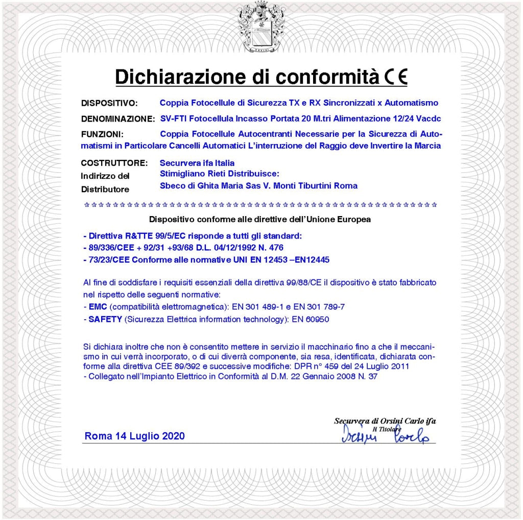 Fotocellule TX e RX da Incasso 2 Coppie Sicurezza e Controllo Cancello Elettrico Portata 20 Metri Montaggio a Parete Oppure su Palina Alimentazione 12/24 Vac