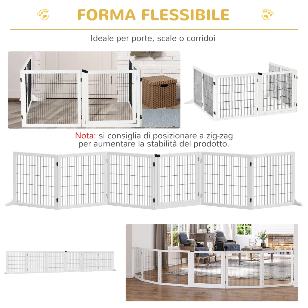 Recinto per Cani Pieghevole a 6 Pannelli ¨C Xylo ¨C Legno e Acciaio, 432x36x70 cm, Bianco